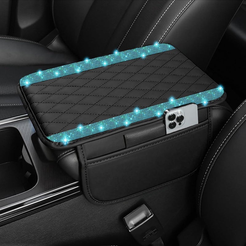 NBTEPEM Bling Car Center Console Cover, Leather Car Arm Rest Cover Cushion with 2 Storage Bags, Universal Auto Armrest Protector Storage Box, Bling Accessories Interior for Most Vehicles (Aquamarine) - Image 1